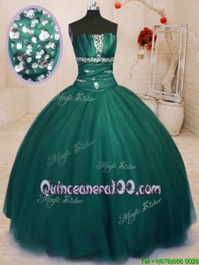 Graceful Strapless Sleeveless Tulle Quince Ball Gowns Beading Lace Up
