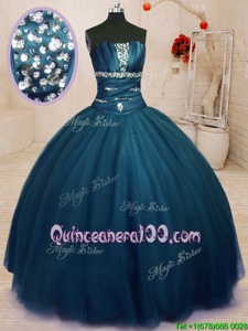 Hot Sale Navy Blue Sleeveless Beading Floor Length Quinceanera Dresses
