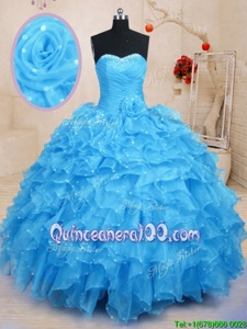 Cute Baby Blue Ball Gowns Sweetheart Sleeveless Organza Floor Length Lace Up Beading and Ruffles and Hand Made Flower Quince Ball Gowns