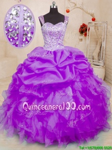 Decent Pick Ups Purple Sleeveless Organza Lace Up Quinceanera Dresses forMilitary Ball and Sweet 16 and Quinceanera