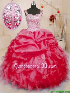 Shining Coral Red 15th Birthday Dress Military Ball and Sweet 16 and Quinceanera and For withBeading and Ruffles and Pick Ups Straps Sleeveless Lace Up