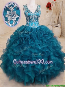 Gorgeous Ball Gowns Sweet 16 Dresses Teal V-neck Organza Sleeveless Floor Length Backless