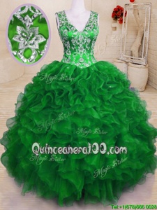 Superior Green Sleeveless Beading and Embroidery and Ruffles Floor Length Vestidos de Quinceanera