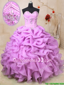 Lilac Organza Lace Up Quinceanera Dress Sleeveless Floor Length Beading and Ruffles and Pick Ups
