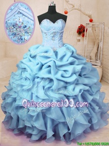 Sophisticated Baby Blue Organza Lace Up Sweetheart Sleeveless Floor Length Ball Gown Prom Dress Beading and Ruffles and Pick Ups