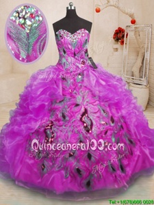 Popular Purple Zipper Sweetheart Beading and Appliques and Ruffles Sweet 16 Dresses Organza Sleeveless
