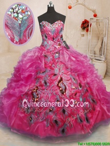 Glorious Sleeveless Organza Floor Length Lace Up 15th Birthday Dress inHot Pink forSpring and Summer and Fall and Winter withBeading and Appliques and Ruffles