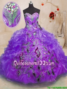 Stylish Purple Ball Gowns Organza Sweetheart Sleeveless Beading and Appliques and Ruffles Floor Length Zipper Quince Ball Gowns