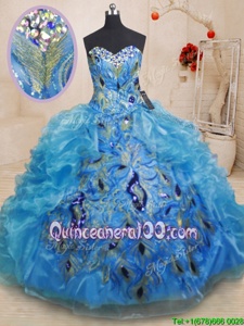 Discount Floor Length Baby Blue Sweet 16 Quinceanera Dress Organza Sleeveless Spring and Summer and Fall and Winter Beading and Appliques and Ruffles