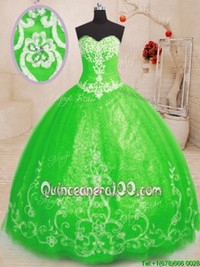 Glittering Floor Length Spring Green Quinceanera Dresses Tulle Sleeveless Spring and Summer and Fall and Winter Beading and Appliques