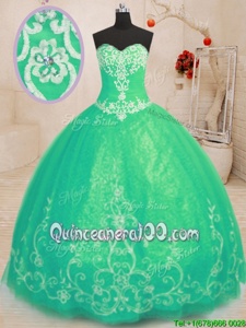 Cute Floor Length Lace Up Quinceanera Gowns Turquoise and In forMilitary Ball and Sweet 16 and Quinceanera withBeading and Embroidery