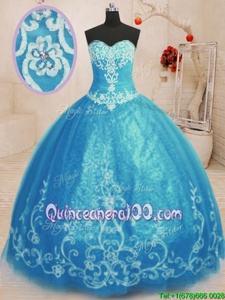 Artistic Floor Length Baby Blue Sweet 16 Dress Tulle Sleeveless Spring and Summer and Fall and Winter Beading and Embroidery