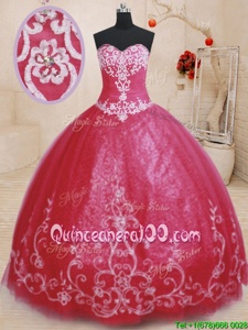 Custom Designed Tulle Sweetheart Sleeveless Lace Up Beading and Embroidery Quinceanera Dresses inRed