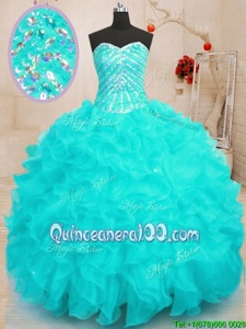 Charming Aqua Blue Organza Lace Up Sweet 16 Quinceanera Dress Sleeveless Floor Length Beading and Ruffles and Sequins