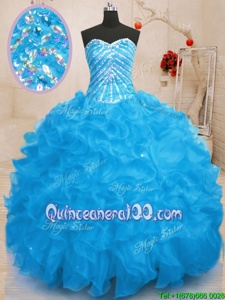 Fitting Beading and Ruffles and Sequins Vestidos de Quinceanera Baby Blue Lace Up Sleeveless Floor Length
