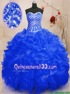 Customized Royal Blue Lace Up Sweet 16 Dress Beading and Ruffles and Sequins Sleeveless Floor Length