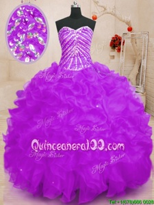 Comfortable Purple Lace Up Sweetheart Beading and Ruffles and Sequins Quinceanera Dress Organza Sleeveless