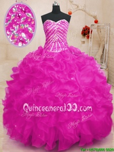 Simple Fuchsia Lace Up Sweetheart Beading and Ruffles and Sequins 15th Birthday Dress Organza Sleeveless