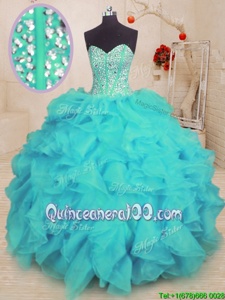 Low Price Aqua Blue Lace Up Quince Ball Gowns Beading and Ruffles Sleeveless Floor Length