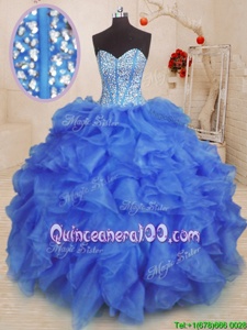 Sexy Royal Blue Ball Gowns Organza Sweetheart Sleeveless Beading and Ruffles Floor Length Lace Up Sweet 16 Quinceanera Dress