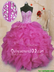 Popular Sweetheart Sleeveless Organza Ball Gown Prom Dress Beading and Ruffles Lace Up