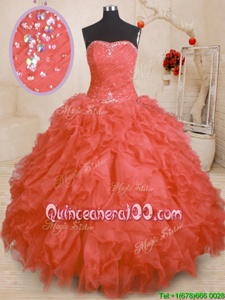 Dramatic Orange Red Ball Gowns Beading and Ruffles and Ruching Quinceanera Dress Lace Up Organza Sleeveless Floor Length