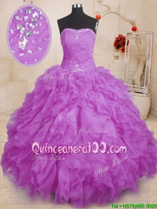 Spectacular Sleeveless Organza Floor Length Lace Up Quinceanera Dress inPurple forSpring and Summer and Fall and Winter withBeading and Ruffles and Ruching