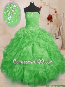 Cheap Floor Length Spring Green Sweet 16 Dresses Organza Sleeveless Spring and Summer and Fall and Winter Beading and Ruffles and Ruching
