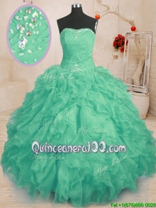 Turquoise Strapless Neckline Beading and Ruffles and Ruching Sweet 16 Quinceanera Dress Sleeveless Lace Up
