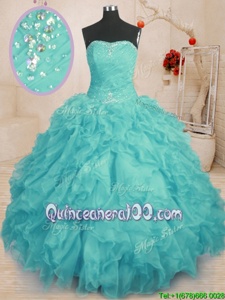 Discount Floor Length Lace Up Quinceanera Dresses Aqua Blue and In forMilitary Ball and Sweet 16 and Quinceanera withBeading and Ruffles