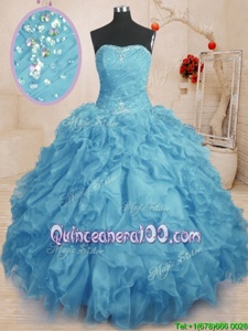 Modest Sleeveless Floor Length Beading and Ruffles and Ruching Lace Up Quinceanera Gowns with Baby Blue