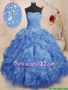 Stylish Blue Organza Lace Up Strapless Sleeveless Floor Length 15 Quinceanera Dress Beading and Ruffles and Ruching