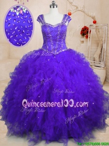 Sequins Floor Length Purple Ball Gown Prom Dress Square Cap Sleeves Lace Up