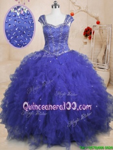 Best Sequins Floor Length Ball Gowns Cap Sleeves Royal Blue Quince Ball Gowns Lace Up