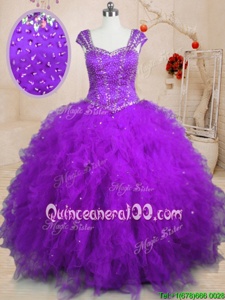 Decent Purple Tulle Lace Up Sweet 16 Quinceanera Dress Cap Sleeves Floor Length Beading and Ruffles