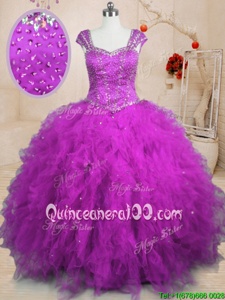 Shining Square Cap Sleeves Lace Up Quinceanera Gown Purple Tulle