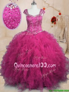 Customized Fuchsia Square Neckline Beading and Ruffles Quinceanera Dresses Cap Sleeves Lace Up