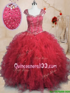 Elegant Floor Length Red Quince Ball Gowns Square Cap Sleeves Lace Up