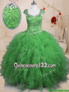 Superior Cap Sleeves Tulle Floor Length Lace Up Quinceanera Dresses inSpring Green forSpring and Summer and Fall and Winter withBeading and Ruffles