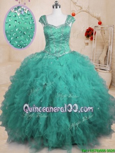 Fantastic Tulle Square Cap Sleeves Lace Up Beading and Ruffles Quinceanera Gown inTurquoise