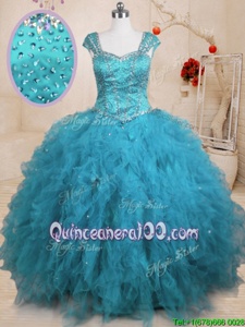 Stunning Baby Blue Ball Gowns Tulle Square Cap Sleeves Beading and Ruffles Floor Length Lace Up 15 Quinceanera Dress