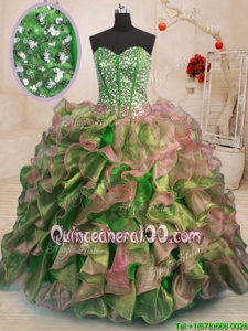Dazzling Sleeveless Floor Length Beading and Ruffles Lace Up 15th Birthday Dress with Multi-color