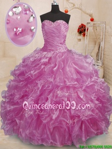 Fitting Floor Length Lace Up 15th Birthday Dress Lilac and In forMilitary Ball and Sweet 16 and Quinceanera withBeading and Ruffles