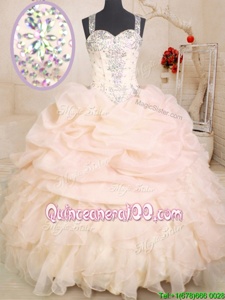 Peach Organza Zipper Ball Gown Prom Dress Sleeveless Floor Length Beading and Ruffles and Pick Ups