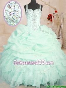 Eye-catching Apple Green Ball Gowns Organza Straps Sleeveless Beading and Ruffles and Pick Ups Floor Length Zipper Quinceanera Gowns