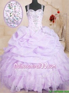 Custom Designed Lavender Organza Lace Up Straps Sleeveless Floor Length 15th Birthday Dress Beading and Ruffles and Pick Ups