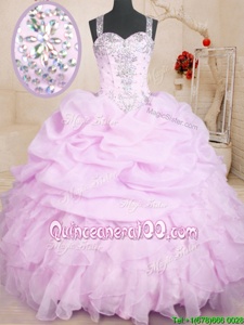 Custom Design Lilac Sleeveless Floor Length Beading and Ruffles and Pick Ups Lace Up 15 Quinceanera Dress