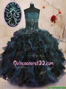 Unique Floor Length Lace Up 15 Quinceanera Dress Blue And Black and In forMilitary Ball and Sweet 16 and Quinceanera withBeading and Ruffles