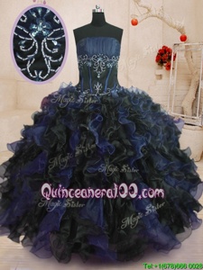 Most Popular Strapless Sleeveless Lace Up 15 Quinceanera Dress Blue And Black Organza