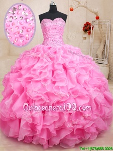 Dramatic Rose Pink Ball Gowns Organza Sweetheart Sleeveless Beading and Ruffles Floor Length Lace Up Quinceanera Dress